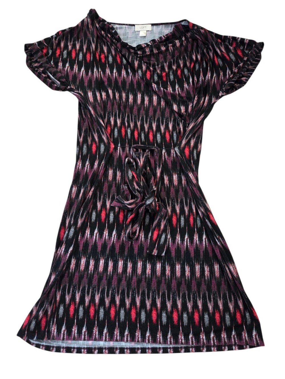 Loft multi-colored patterned short sleeve cowel neck A-line dress, L. EUC.